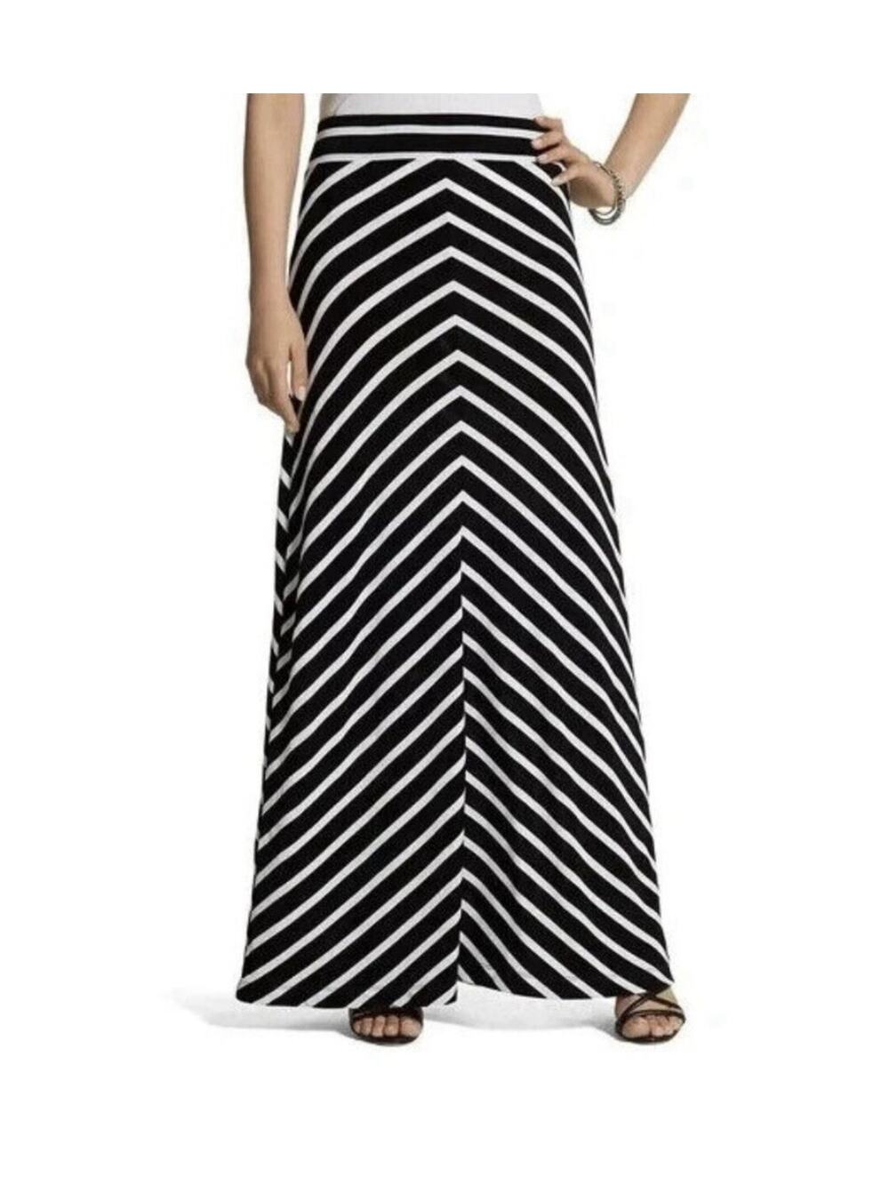 Chico's Travelers Maxi Skirt Slinky Pull On Black White Chevron Size 3 US XL